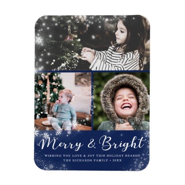 Merry und Bright Script Snow Overlay Foto Collage Magnet (Vertikal)