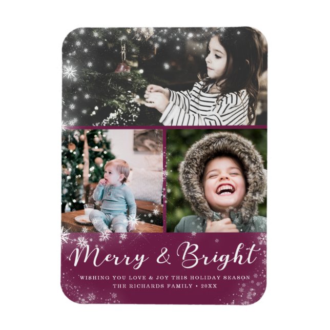 Merry und Bright Script Snow Overlay Foto Collage Magnet (Vertikal)