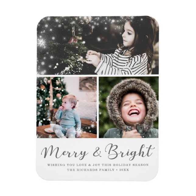 Merry und Bright Script Snow Overlay Foto Collage Magnet (Vertikal)