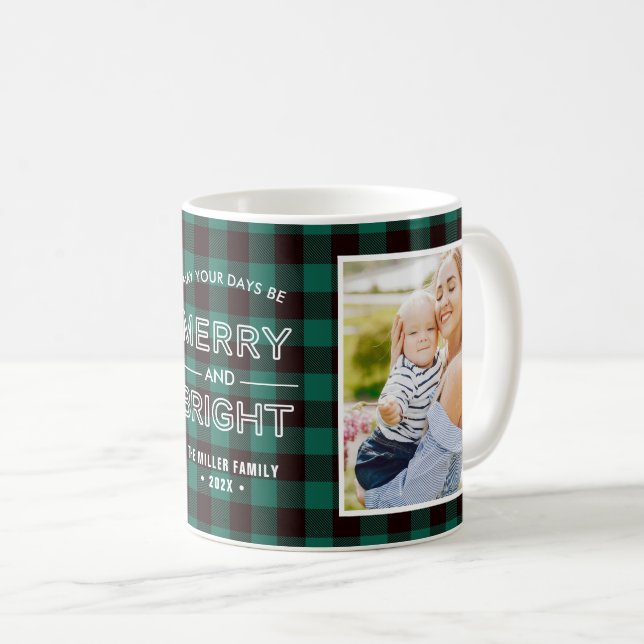 Merry und Bright Trendy Green Kariert mit 2 Fotos Kaffeetasse (VorderseiteRechts)