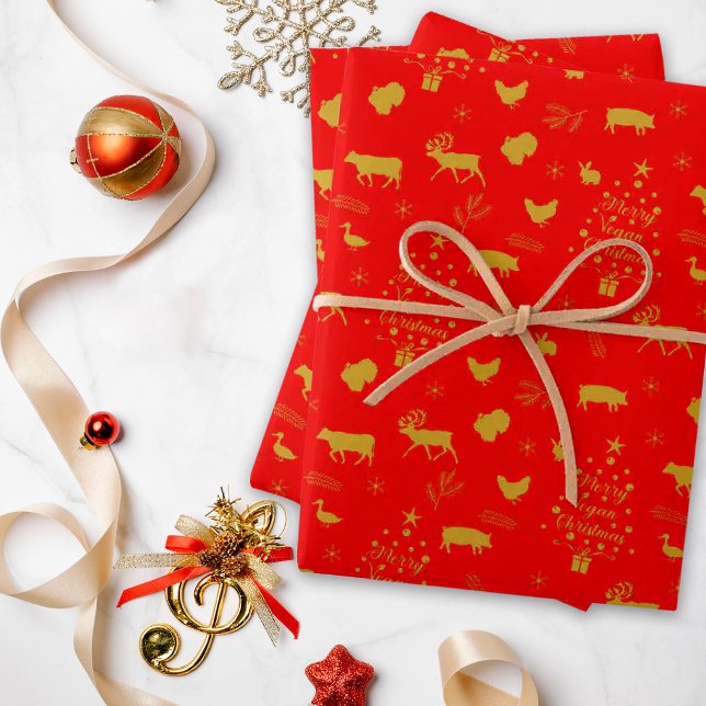 Merry Vegan Christmas Red and Gold Farm Animals  Geschenkpapier Set (Von Creator hochgeladen)