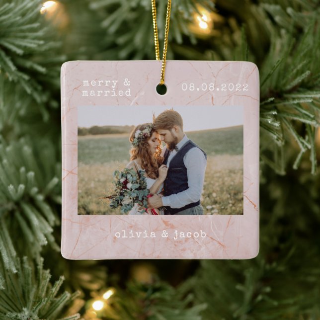 Merry & Verheiratet First Christmas Wedding Foto Keramikornament (Baum)