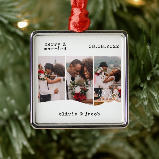 Merry & Verheiratet First Christmas Wedding Foto Ornament Aus Metall (Baum)