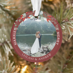 Merry Verheiratet Greenery Watercolor Foto Burgund Ornament