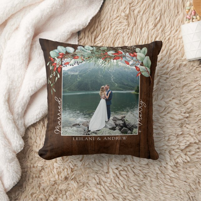 Merry Verheiratet Greenery Watercolor Foto Dark Wo Kissen (Decke)
