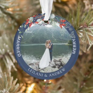 Merry Verheiratet Greenery Watercolor Foto Navy Bl Ornament