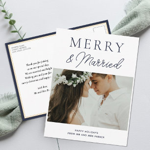 Merry Verheiratet Modern Blue Script Foto Weihnach Feiertagspostkarte