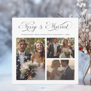 Merry & Verheiratet Modern Elegante Script 3 Foto Feiertagskarte