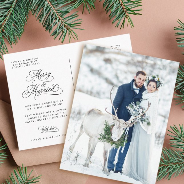 Merry & Verheiratet New Weds Erstes Weihnachtsfest Postkarte (Front & Back)