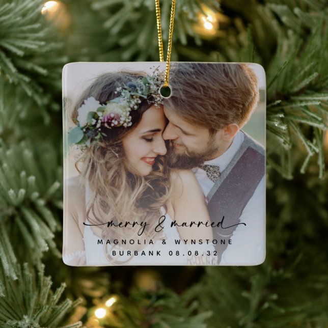 Merry & Verheiratet Newlyweds Foto Keepake Keramikornament (Baum)