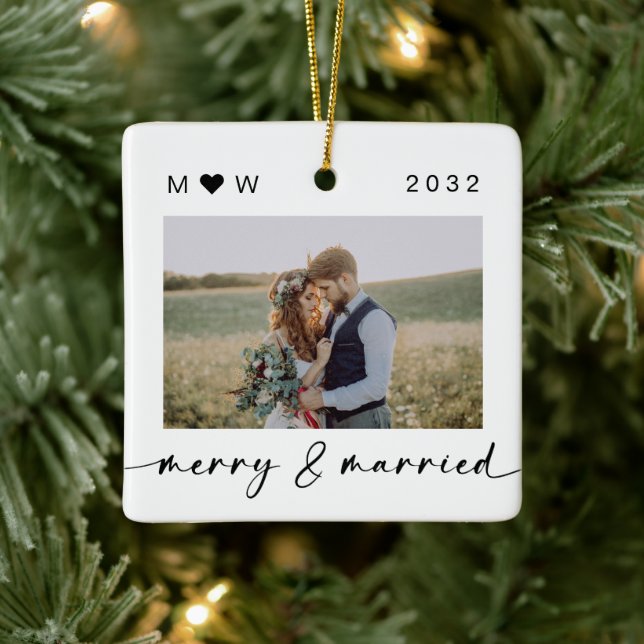 Merry & Verheiratet Newlyweds Foto Keepake Keramikornament (Baum)