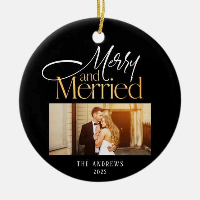 Merry & Verheiratet Newlyweds Foto Weihnachten Keramik Ornament (Vorne)