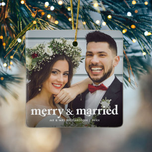 Merry & Verheiratet Newlyweds Weihnachts-Foto Keramikornament