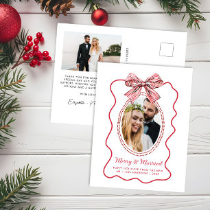 Merry Verheiratet Red Wavy Frame Bow Foto Weihnach Feiertagspostkarte