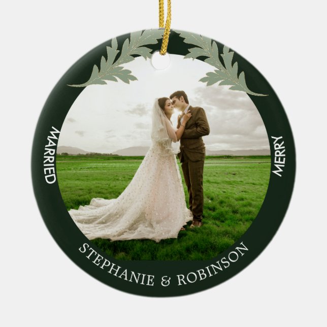 Merry Verheiratet Watercolor Foto Green Keramik Ornament (Vorne)