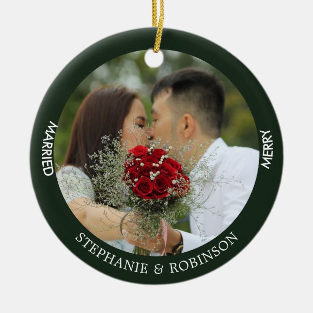 Merry Verheiratete Custom Foto Forest Green Keramik Ornament (Vorne)