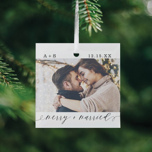 Merry & Verheiratete Fotos für Hochzeiten Ornament Aus Glas (Von Creator hochgeladen)