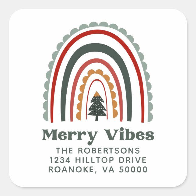 Merry Vibes Boho Rainbow Weihnachts-Rücksendeadres Quadratischer Aufkleber (Vorderseite)