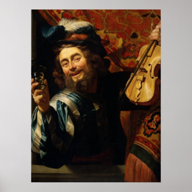 "Merry Violinist with Wine Glass" Poster (Vorne)