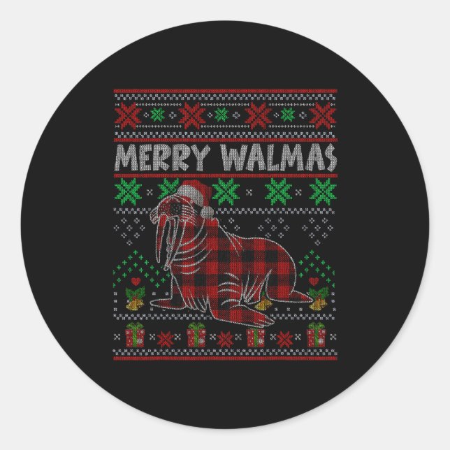 Merry Walmas Ugly Christmas Sweater Walrus Sea Ani Runder Aufkleber (Vorderseite)