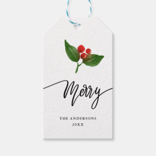 Merry Watercolor Holly Holiday Script Geschenkanhänger