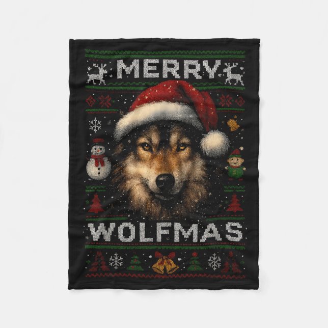 Merry Wolfmas Merry Christmas Wolf Ugly Sweater Fu Fleecedecke (Vorderseite)