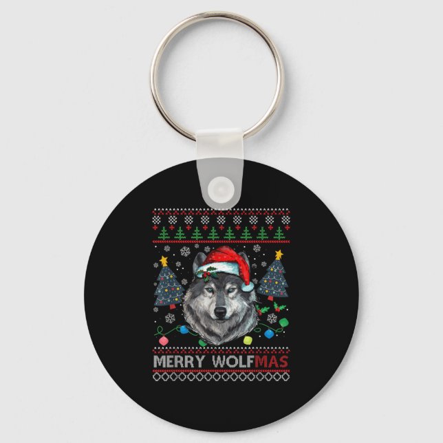 Merry Wolfmas Merry Christmas Wolf Ugly Sweater Fu Schlüsselanhänger (Vorderseite)