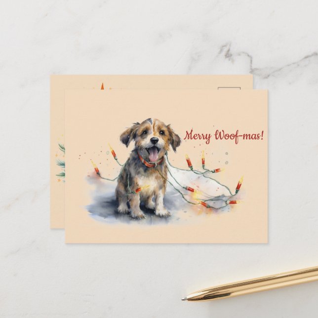 Merry Woof-mas Dog Lights Weihnachtspostkarte Postkarte (Vorderseite/Rückseite Beispiel)