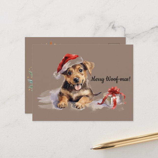 Merry Woof-mas Hund präsentiert Weihnachtsmannmütz Postkarte (Vorderseite/Rückseite Beispiel)