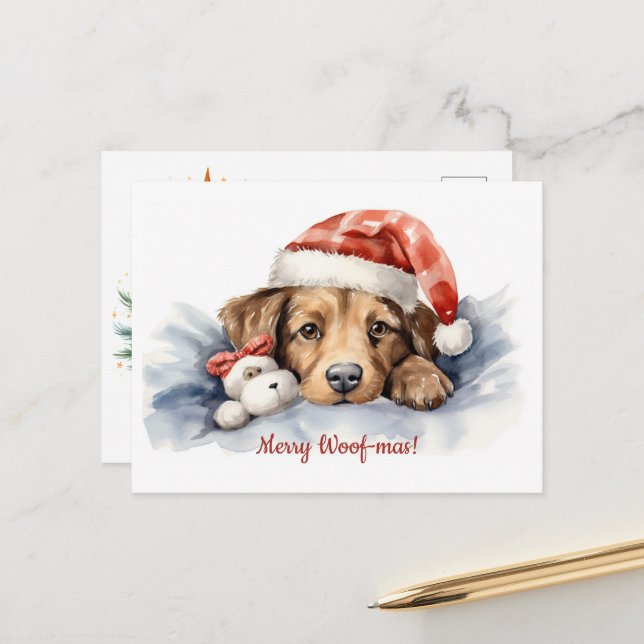 Merry Woof-mas Hund Weihnachtsmannmütze Weihnachte Postkarte (Vorderseite/Rückseite Beispiel)