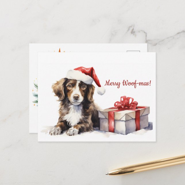 Merry Woof-mas Hund Weihnachtsmannmütze Weihnachte Postkarte (Vorderseite/Rückseite Beispiel)