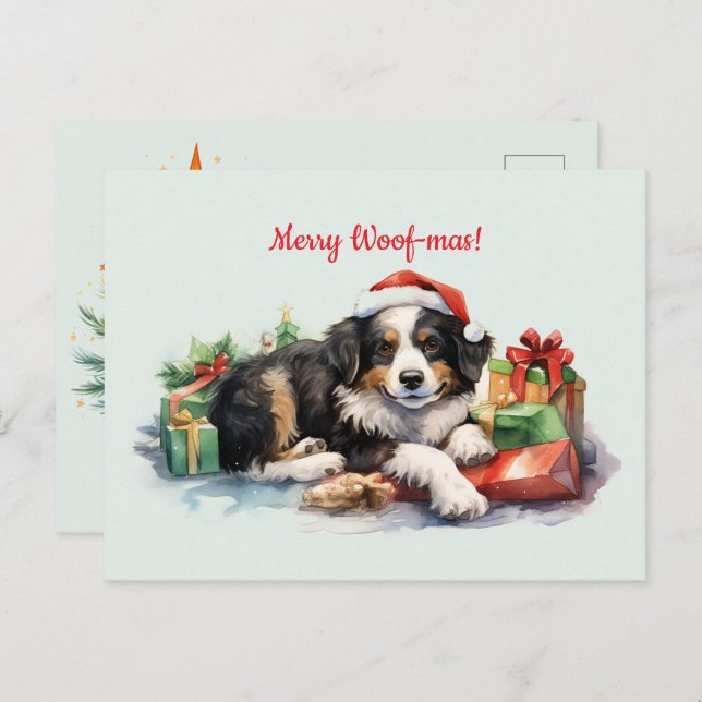 Merry Woof-mas Hunde Weihnachtsmannmütze präsentie Postkarte (Vorne/Hinten)