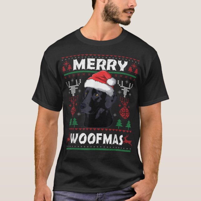 Merry Woofmas Black Lab Weihnachtshund L T-Shirt (Vorderseite)