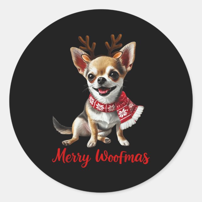 Merry Woofmas Chihuahua Dog Meme In Reindeer Antle Runder Aufkleber (Vorderseite)