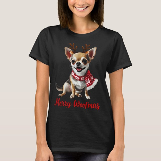Merry Woofmas Chihuahua Dog Meme In Reindeer Antle T-Shirt (Vorderseite)