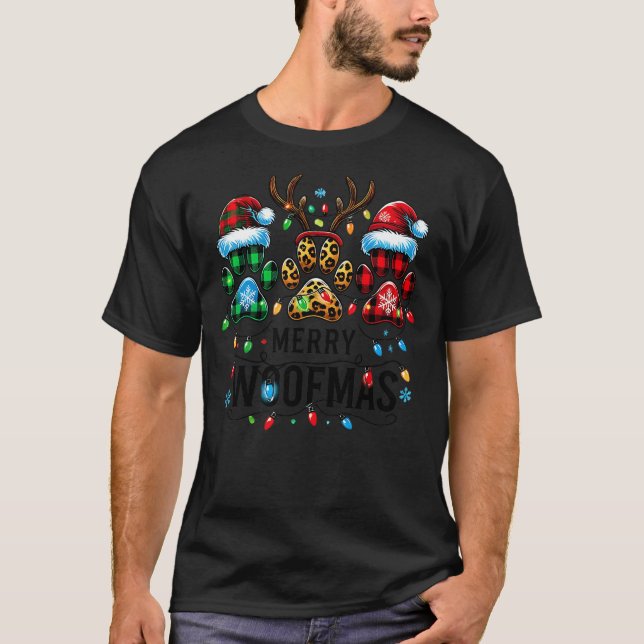 Merry Woofmas Christmas Dog Paws Lights Buffalo Pl T-Shirt (Vorderseite)