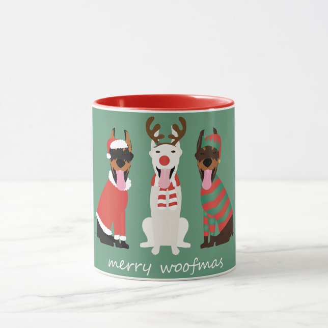 Merry Woofmas Dobermann Weihnachtshunde Tasse (Zentrum)