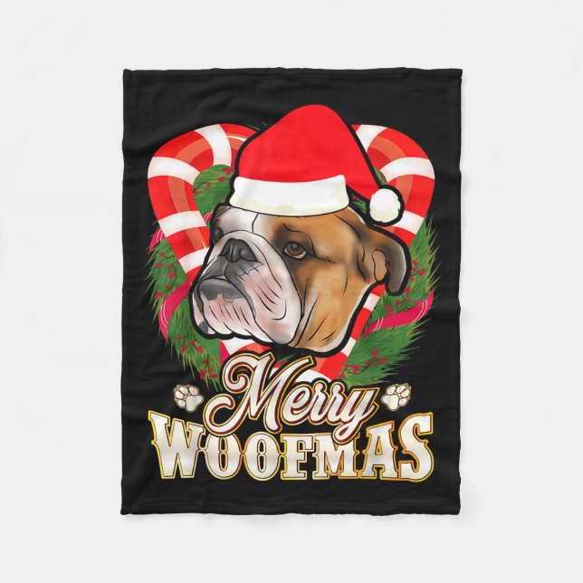 Merry Woofmas English Bulldog With Santa Claus Hat Fleecedecke (Vorderseite)