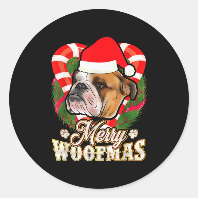 Merry Woofmas English Bulldog With Santa Claus Hat Runder Aufkleber (Vorderseite)