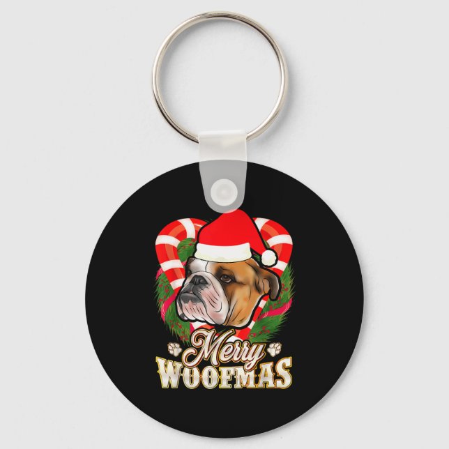 Merry Woofmas English Bulldog With Santa Claus Hat Schlüsselanhänger (Vorderseite)