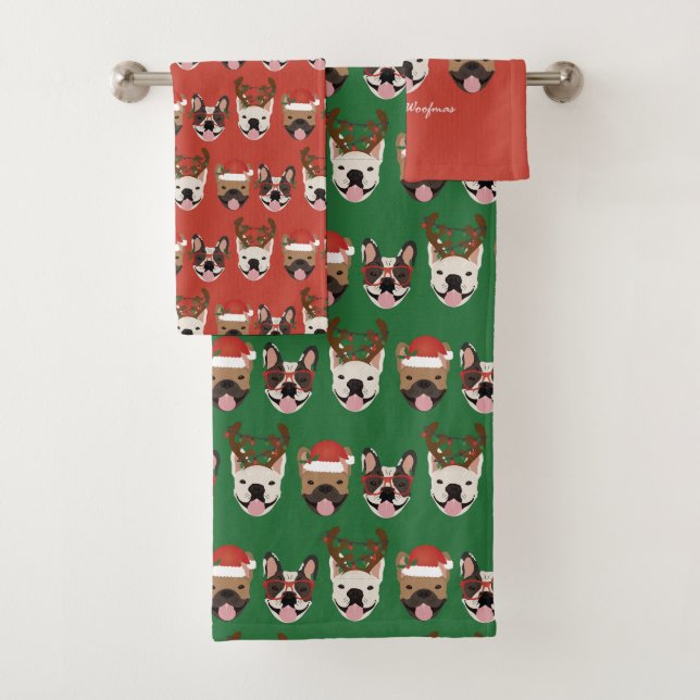 Merry Woofmas French Bulldogs Christmas Heads Badhandtuch Set (Insitu)