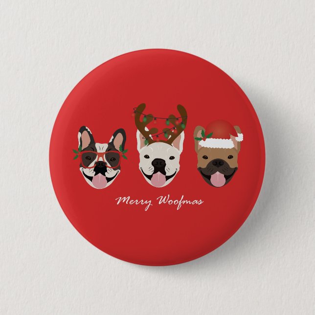 Merry Woofmas French Bulldogs Christmas Heads Button (Vorderseite)