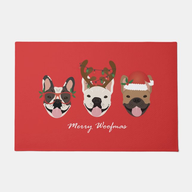 Merry Woofmas French Bulldogs Christmas Heads Fußmatte (Vorderseite)