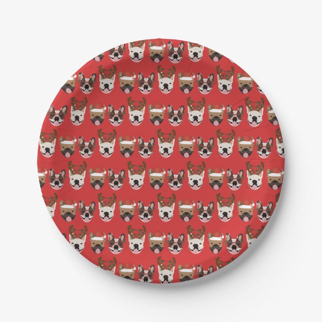 Merry Woofmas French Bulldogs Christmas Heads Pappteller (Vorderseite)
