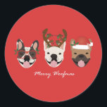 Merry Woofmas French Bulldogs Christmas Heads Runder Aufkleber<br><div class="desc">Eine lustige Illustration der französischen Bulldogs,  die in Weihnachtsbekleidung verkleidet sind. Perfekt für alle Liebhaber von Haustieren!</div>
