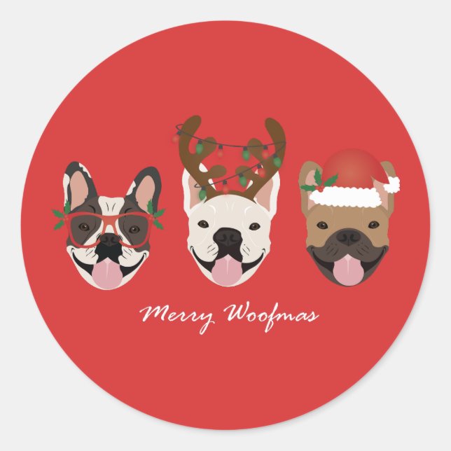 Merry Woofmas French Bulldogs Christmas Heads Runder Aufkleber (Vorderseite)
