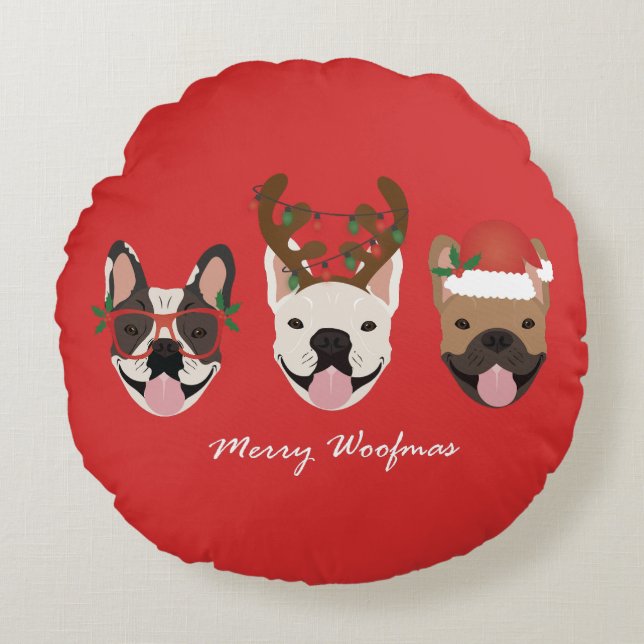 Merry Woofmas French Bulldogs Christmas Heads Rundes Kissen (Vorderseite)