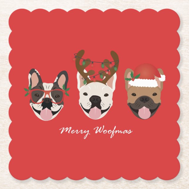Merry Woofmas French Bulldogs Christmas Heads Untersetzer (Vorderseite)
