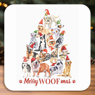 Merry Woofmas Hund Lover Christmas Tree Hunde Quadratischer Aufkleber