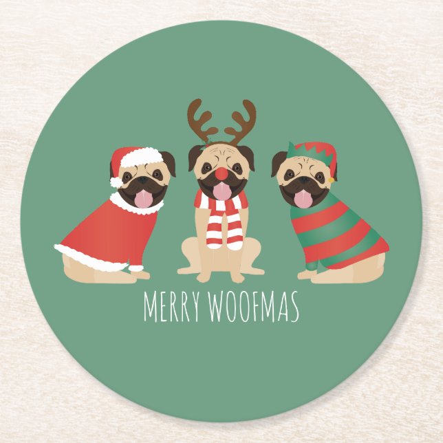 Merry Woofmas Mops Hunde Runder Pappuntersetzer (Vorderseite)